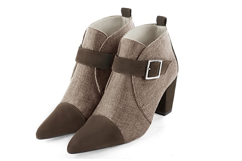 Chocolate brown and tan beige women's ankle boots with buckles at the front. Tapered toe. High block heels. Front view - Florence KOOIJMAN